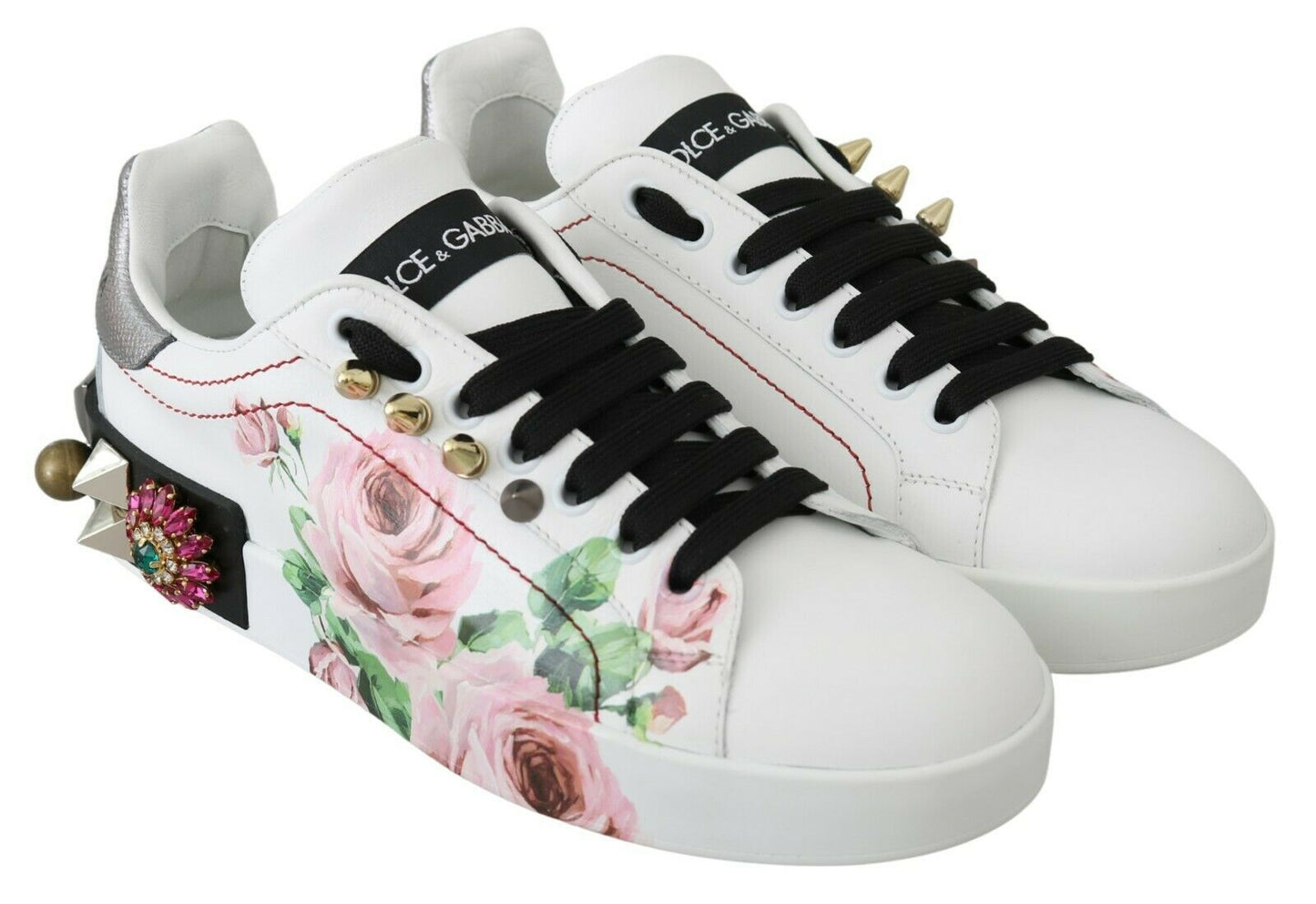 Dolce &amp; Gabbana Floral Crystal-Embellished Leather Sneakers