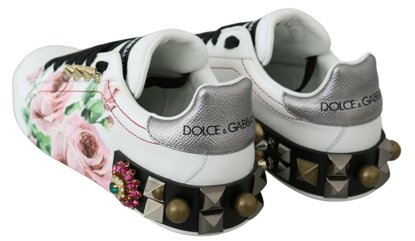 Dolce &amp; Gabbana Floral Crystal-Embellished Leather Sneakers