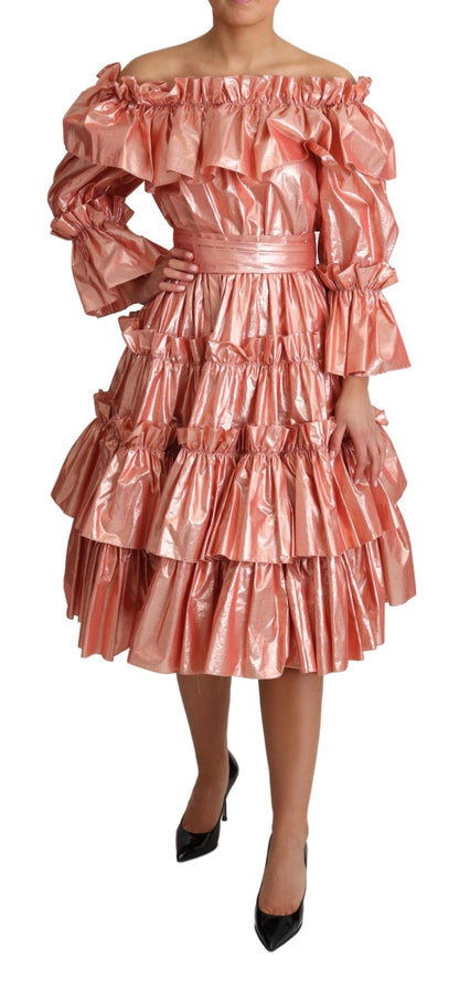 Dolce & Gabbana Pink Metallic Ruffled Gown Elegance