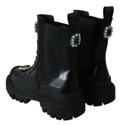 Dolce & Gabbana Elegant Black Leather Combat Boots with Crystal Detail