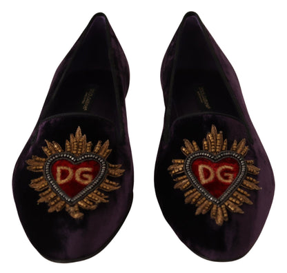 Dolce &amp; Gabbana Chic Purple Velvet Loafers with Heart Detail