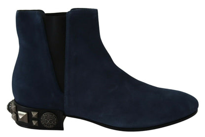 Dolce &amp; Gabbana Chic Blue Suede Mid-Calf Boots with Stud Details