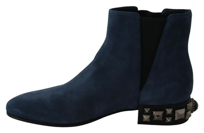 Dolce &amp; Gabbana Chic Blue Suede Mid-Calf Boots with Stud Details