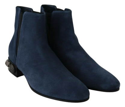 Dolce &amp; Gabbana Chic Blue Suede Mid-Calf Boots with Stud Details