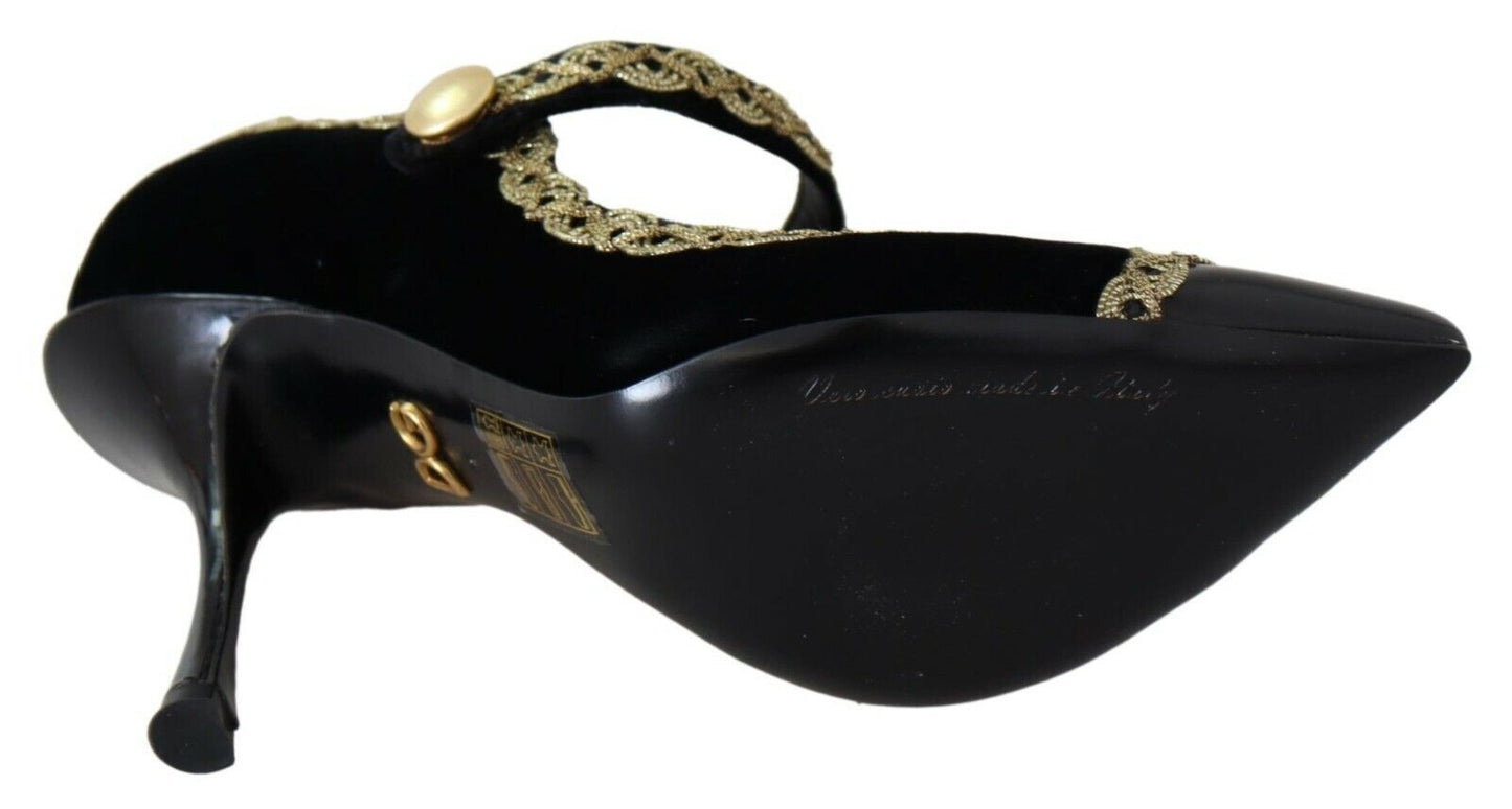 Dolce &amp; Gabbana Elegant Gold-Embroidered Black Velvet Pumps