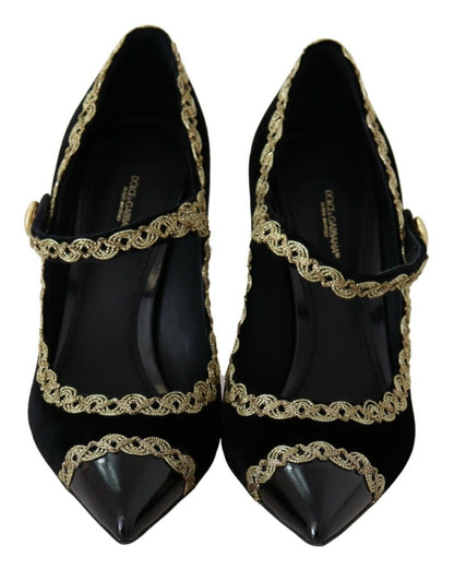 Dolce &amp; Gabbana Elegant Gold-Embroidered Black Velvet Pumps