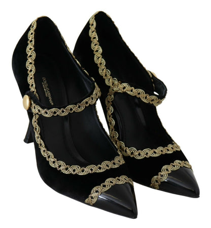 Dolce &amp; Gabbana Elegant Gold-Embroidered Black Velvet Pumps