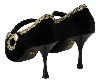 Dolce &amp; Gabbana Elegant Gold-Embroidered Black Velvet Pumps