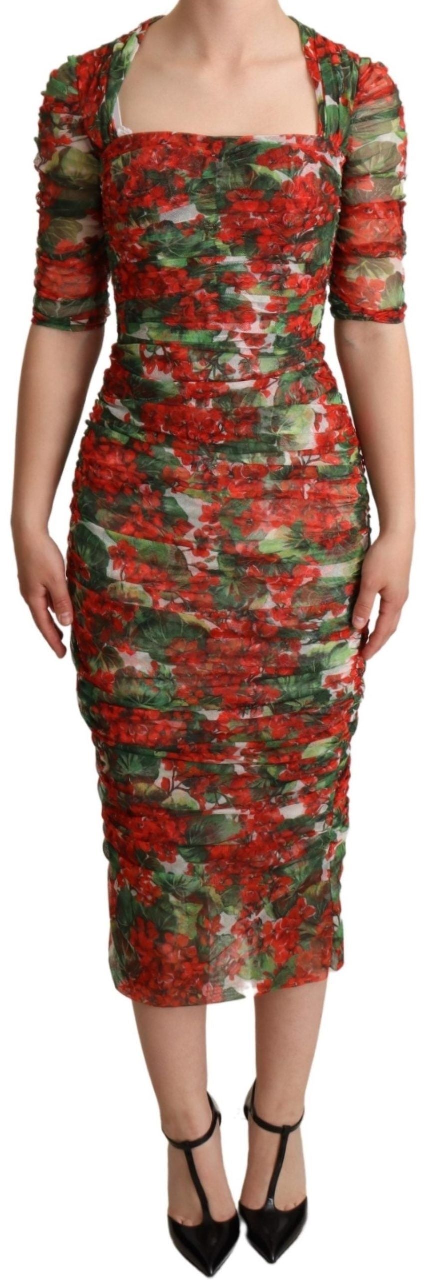 Dolce &amp; Gabbana Elegant Red Floral Midi Sheath Dress