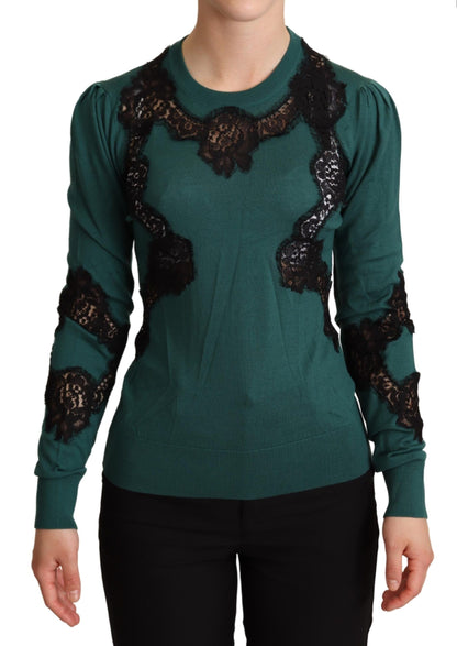 Dolce &amp; Gabbana Elegant Green Pullover with Black Lace Detail