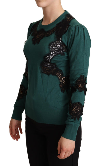 Dolce &amp; Gabbana Elegant Green Pullover with Black Lace Detail