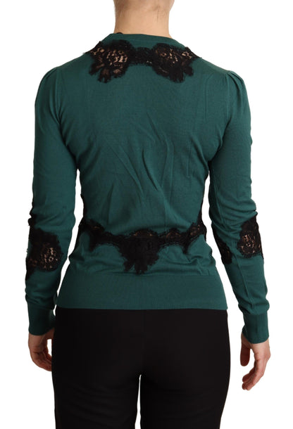 Dolce &amp; Gabbana Elegant Green Pullover with Black Lace Detail