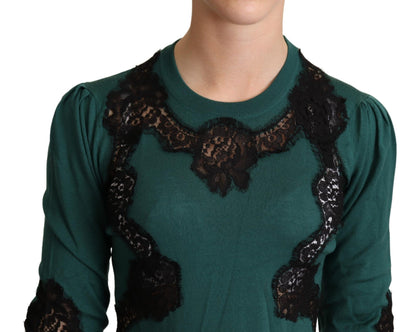 Dolce &amp; Gabbana Elegant Green Pullover with Black Lace Detail