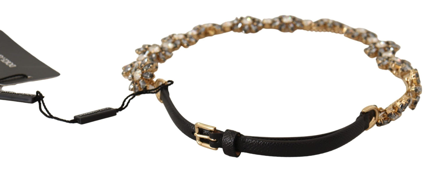 Dolce &amp; Gabbana Elegant Crystal Daisy Chain Leather Belt