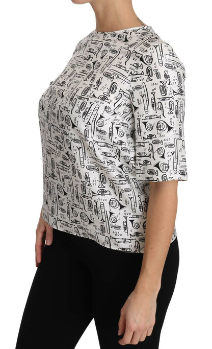 Dolce &amp; Gabbana Elegant Trumpet Print Silk Blouse Top