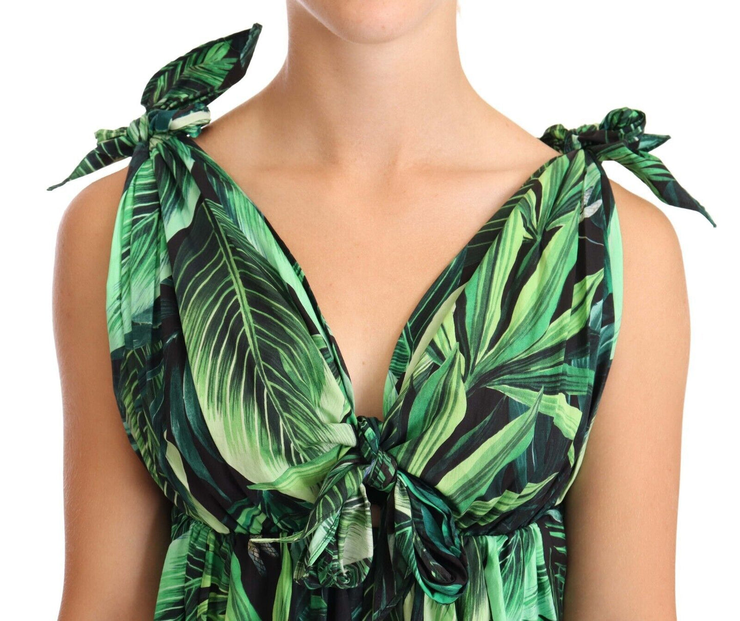 Dolce & Gabbana Elegant Flared Mini A-Line Dress in Green Leaf Print