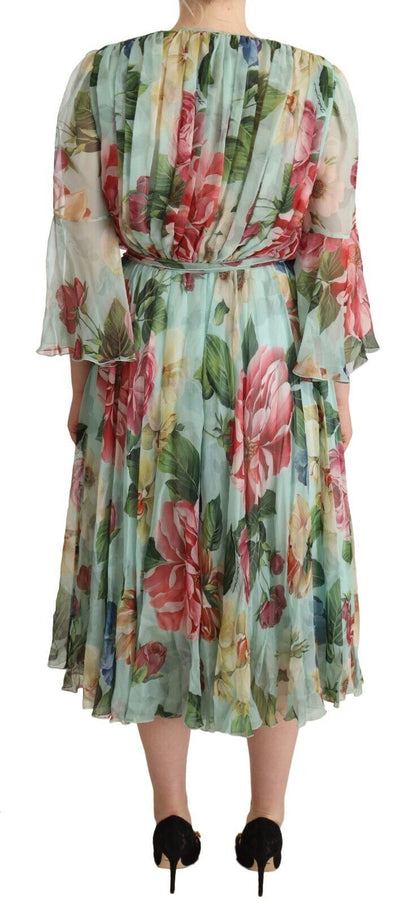 Dolce &amp; Gabbana Elegant Floral Green Midi Silk Dress