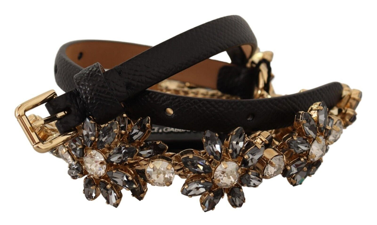 Dolce &amp; Gabbana Elegant Crystal Daisy Chain Leather Belt