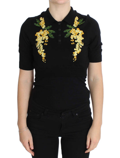 Dolce &amp; Gabbana Elegant Black Silk Floral Polo Top