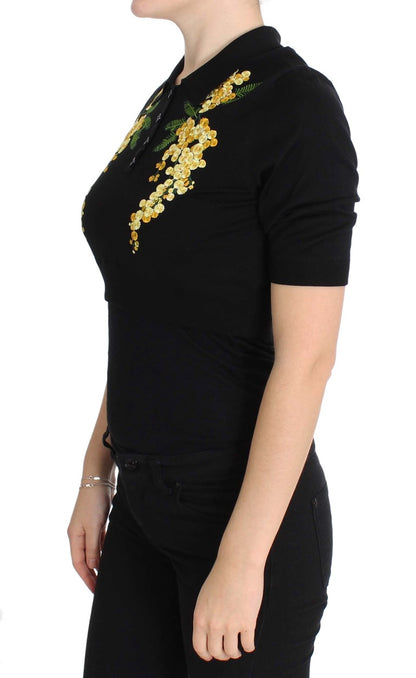 Dolce &amp; Gabbana Elegant Black Silk Floral Polo Top