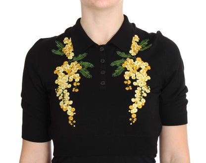 Dolce &amp; Gabbana Elegant Black Silk Floral Polo Top