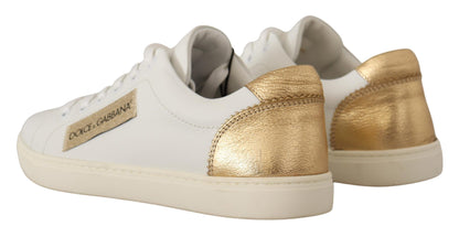 Dolce &amp; Gabbana Elegant White Leather Sneakers with Gold Accents