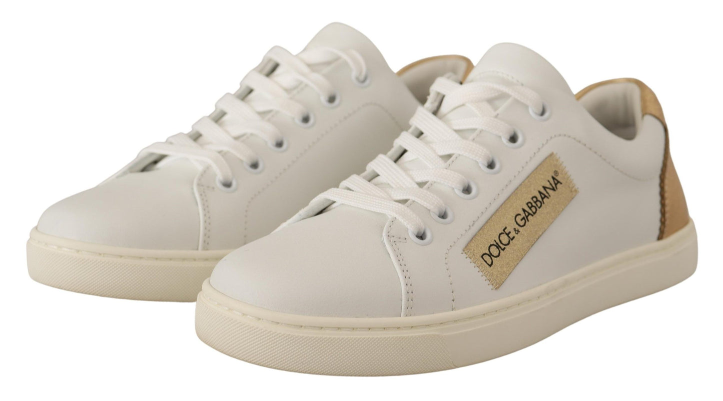 Dolce &amp; Gabbana Elegant White Leather Sneakers with Gold Accents