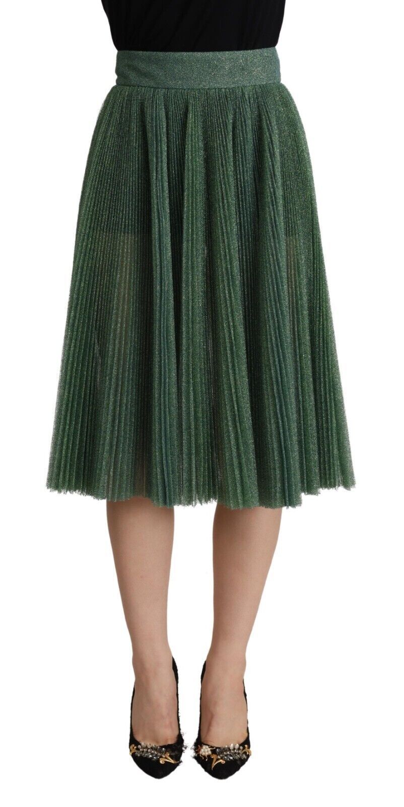 Dolce &amp; Gabbana Metallic Green Pleated A-Line Midi Skirt