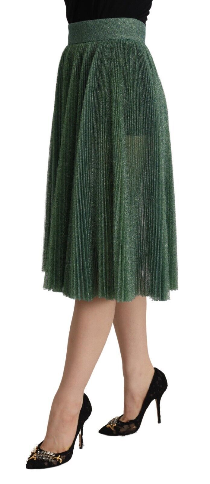 Dolce &amp; Gabbana Metallic Green Pleated A-Line Midi Skirt