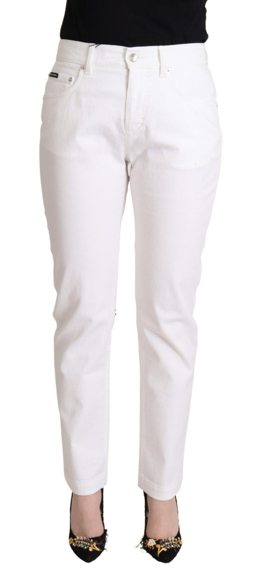 Dolce &amp; Gabbana Chic White Tapered Denim Jeans with Logo Patch