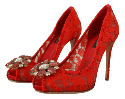 Dolce &amp; Gabbana Red Crystal Taormina Lace Heels Pumps