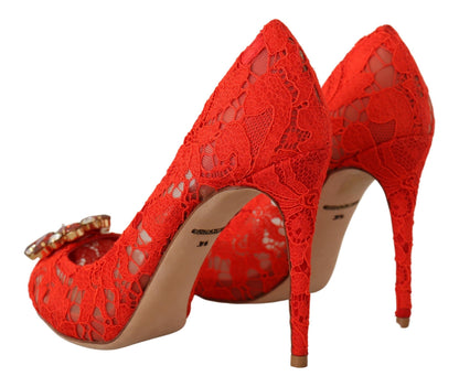 Dolce &amp; Gabbana Red Crystal Taormina Lace Heels Pumps