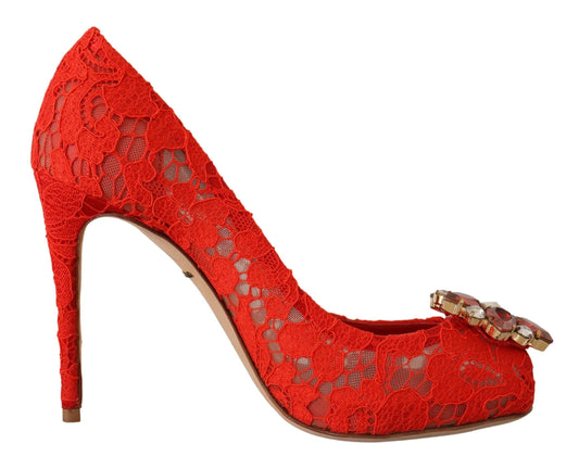 Dolce &amp; Gabbana Red Crystal Taormina Lace Heels Pumps