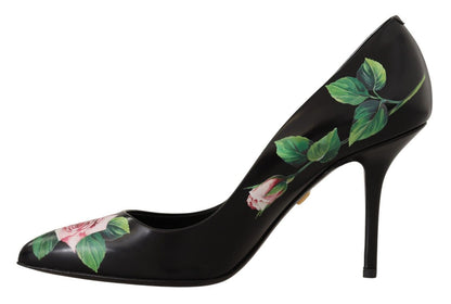 Dolce & Gabbana Elegant Black Rose Print Leather Heels