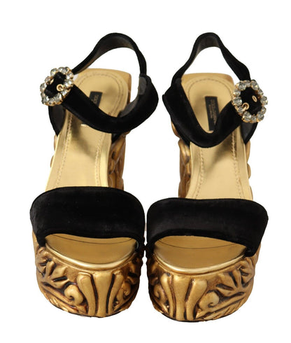 Dolce &amp; Gabbana Baroque Velvet Heels in Black and Gold