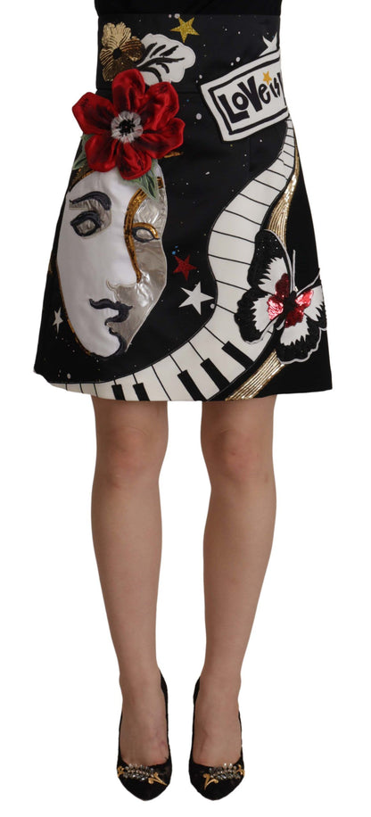 Dolce &amp; Gabbana High-Waist A-Line Embellished Black Skirt