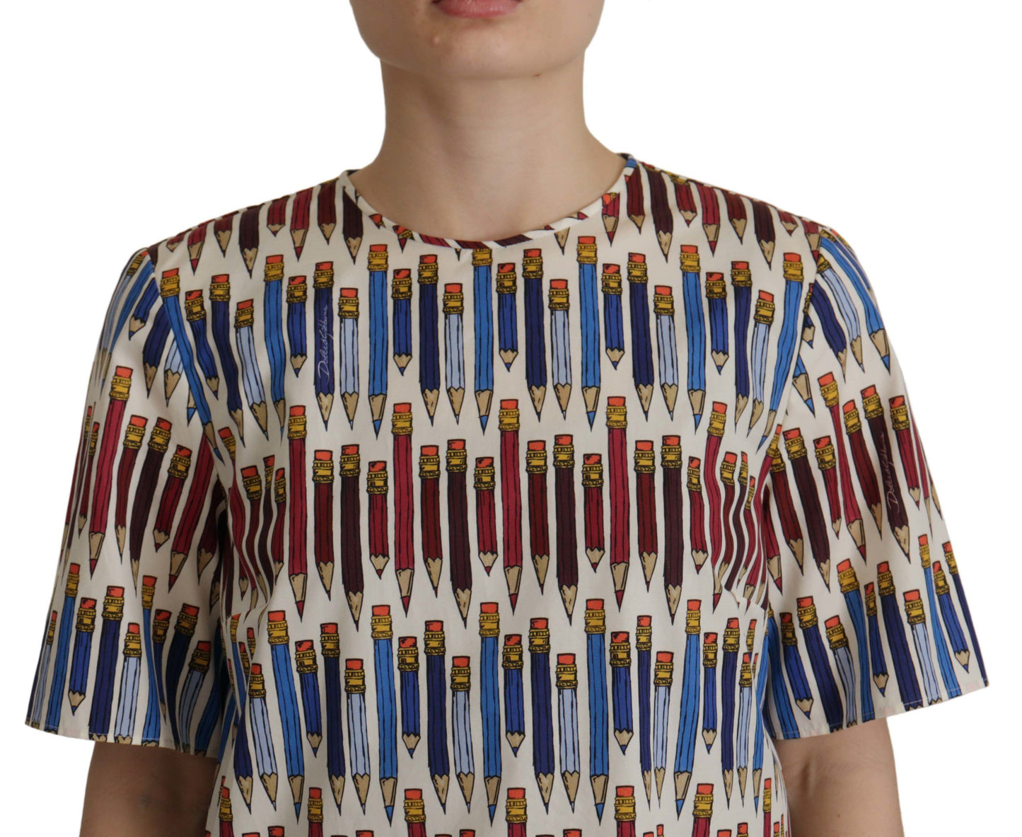 Dolce &amp; Gabbana Chic White Pencil Print Short Sleeve Blouse