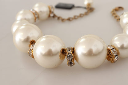 Dolce &amp; Gabbana Elegant Faux Pearl Charm Necklace with Crystal Accents