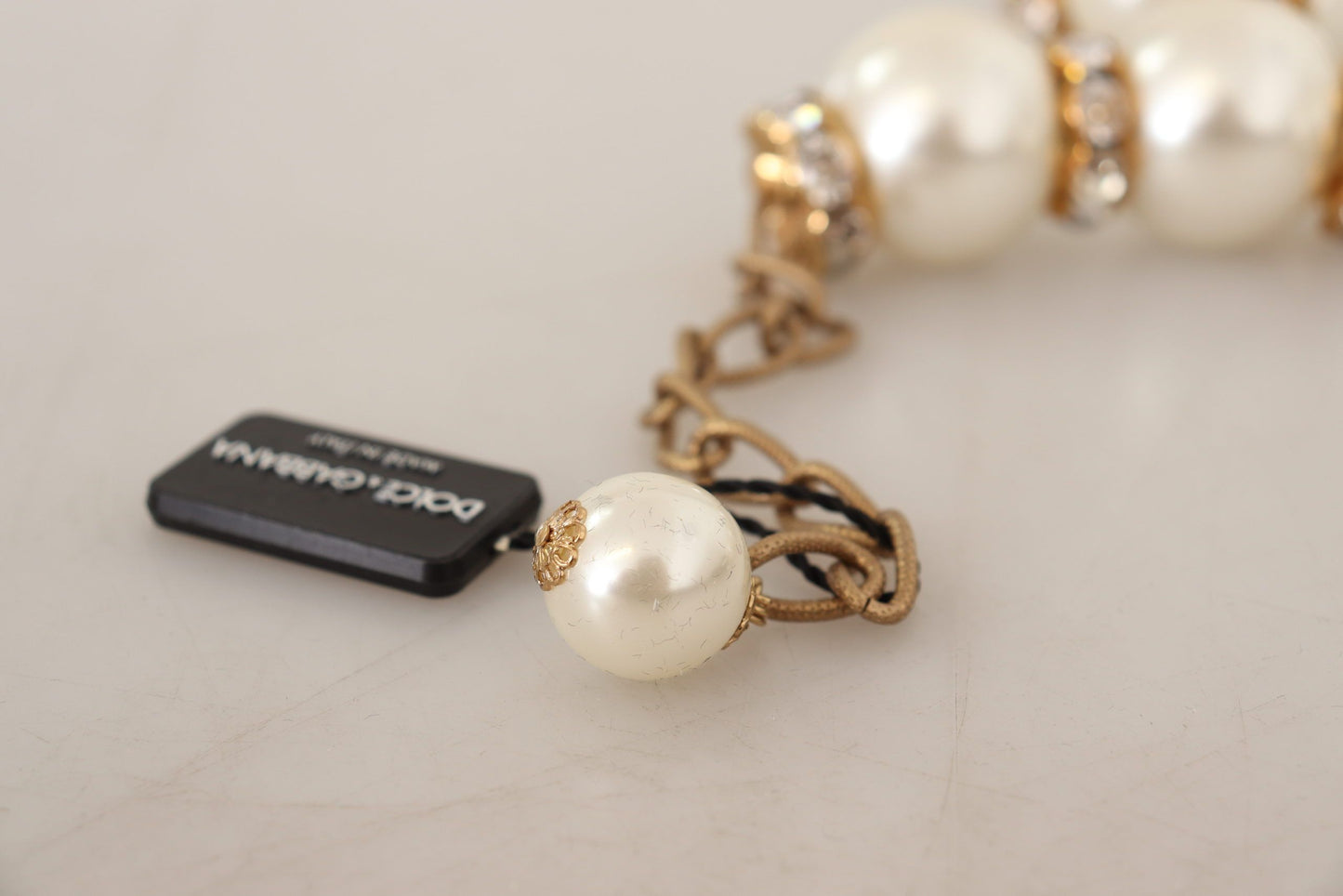 Dolce &amp; Gabbana Elegant Faux Pearl Charm Necklace with Crystal Accents