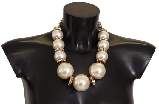 Dolce &amp; Gabbana Elegant Faux Pearl Charm Necklace with Crystal Accents