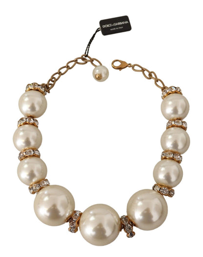 Dolce &amp; Gabbana Elegant Faux Pearl Charm Necklace with Crystal Accents