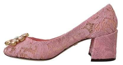 Dolce &amp; Gabbana Pastel Pink Lace Crystal Embellished Pumps