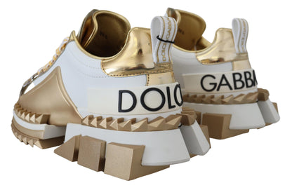 Dolce &amp; Gabbana Elegant White and Gold Leather Sneakers