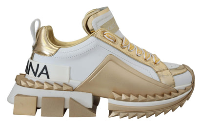 Dolce &amp; Gabbana Elegant White and Gold Leather Sneakers