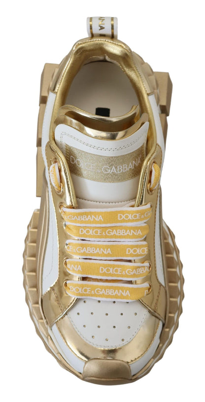 Dolce &amp; Gabbana Elegant White and Gold Leather Sneakers