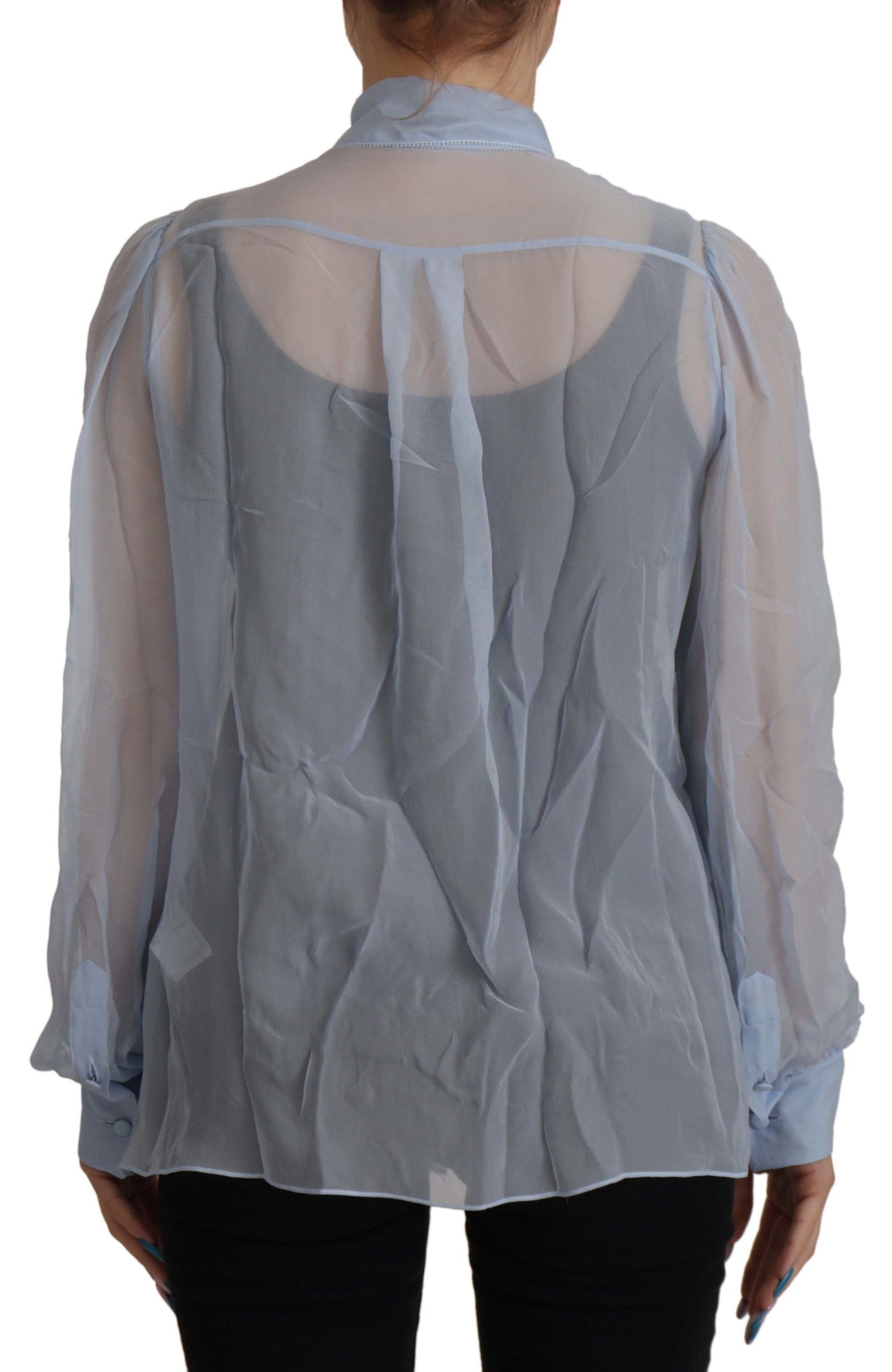 Dolce &amp; Gabbana Elegant Silk Ascot Collar Blouse in Light Blue