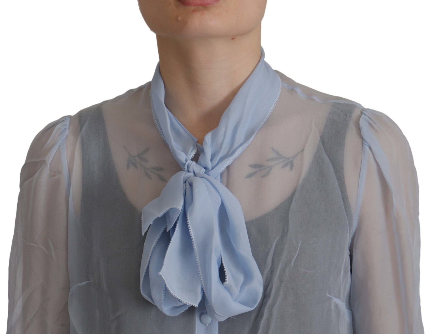 Dolce &amp; Gabbana Elegant Silk Ascot Collar Blouse in Light Blue