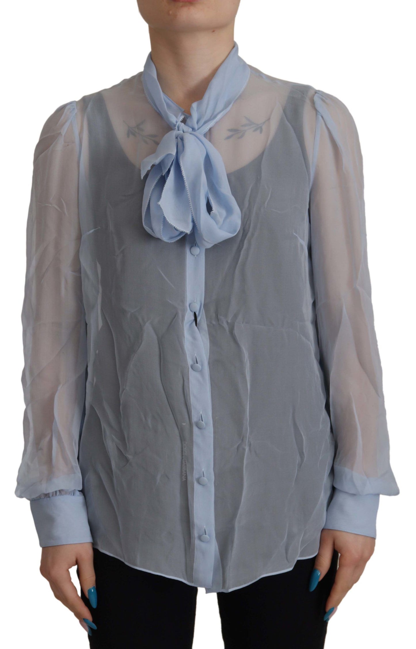 Dolce &amp; Gabbana Elegant Silk Ascot Collar Blouse in Light Blue