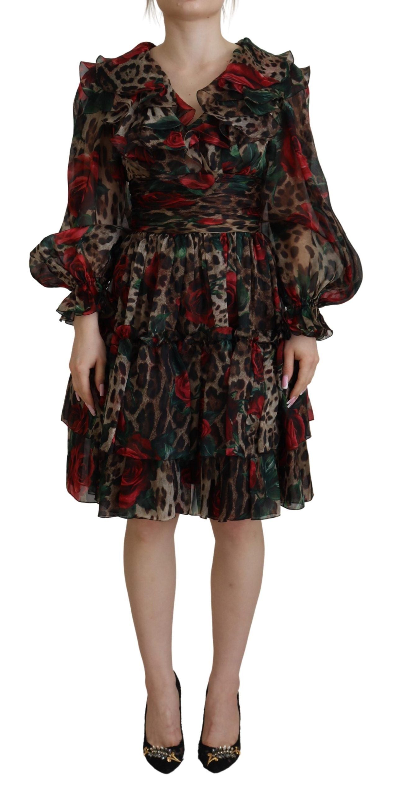 Dolce &amp; Gabbana Silk Leopard Print &amp; Red Roses Dress