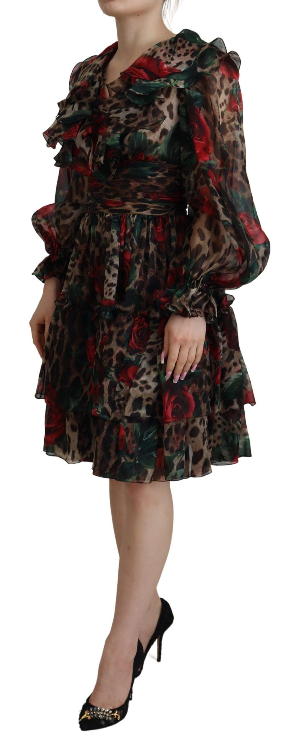 Dolce &amp; Gabbana Silk Leopard Print &amp; Red Roses Dress